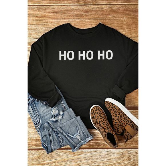 Azura Exchange  Black HO HO HO Print Long Sleeve Pullover Sweatshirt - Picture 2 of 6